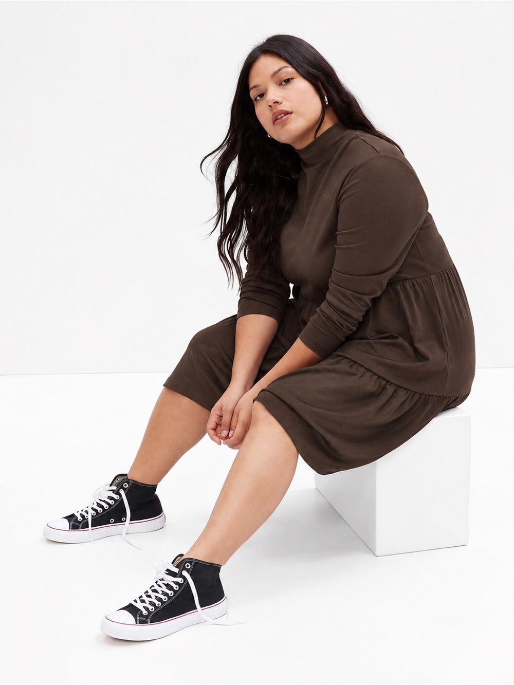 GAP Modern Mockneck Tiered Mini Dress Dark Mocha Brown USXL NWT